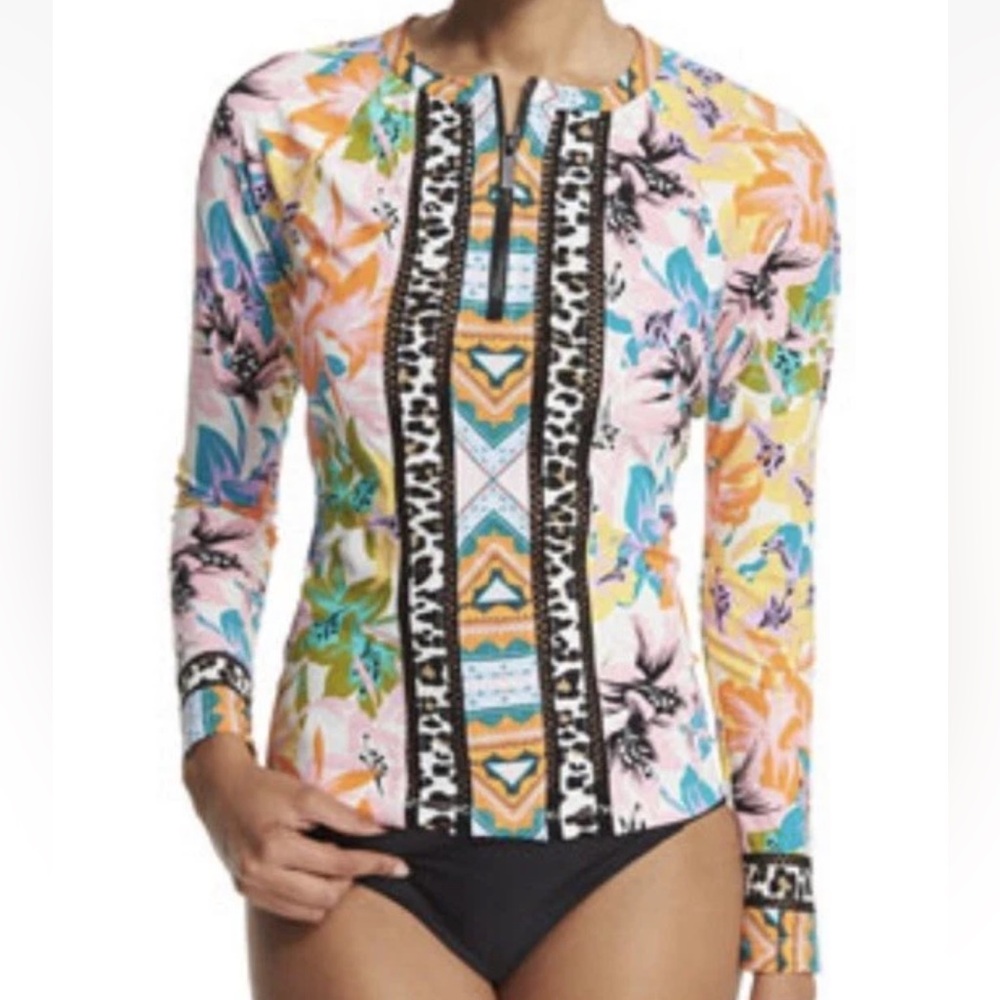 Nanette Lepore Copa Cubana 1/4 Zip Long Sleeve Floral Rashguard Large Vacation